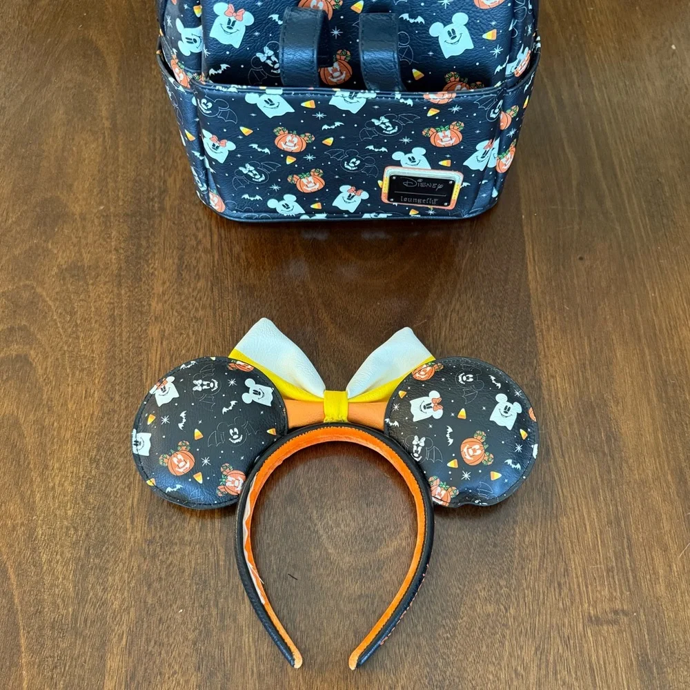 EUC Loungefly Disney Mickey Minnie Spooky Mice Mini Backpack with Ears Headband